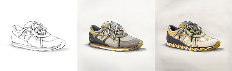 Drawing of the design process for footwear. shoe design with hand drawn illustrations and watercolor 
