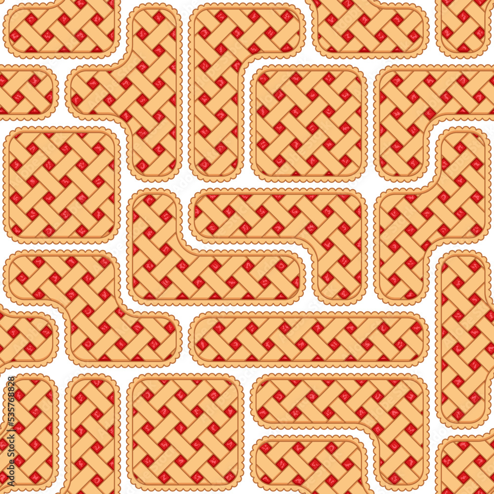Poster seamless pattern with puzzles of red berry pie. colored vector background on white.