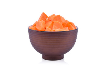 fresh carrots in bowl isolated on white background.