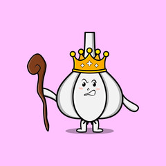 Cute cartoon Garlic mascot as wise king with golden crown and wooden stick illustration