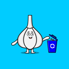 Cute cartoon Garlic throwing trash in the trash in flat modern style design illustration