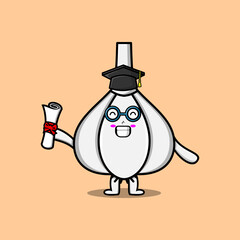 Cute cartoon Garlic student character on graduation day with toga in concept flat cartoon style