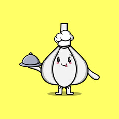 Cute Cartoon chef Garlic mascot character serving food on tray cute style design illustration