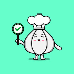 Cute cartoon Garlic chef character holding correct sign board in vector character illustration