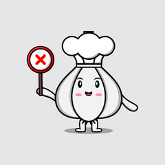 cute cartoon Garlic chef holding wrong sign board in vector character illustration