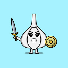Cute cartoon character Garlic holding sword and shield in modern style design