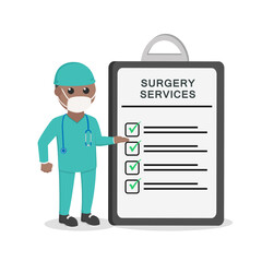 surgeon african with surgery services clipboard design character on white background