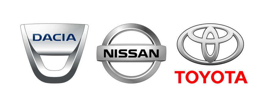 Collection of popular car logos on white background: Nissan, Dacia and Toyota, vector illustration