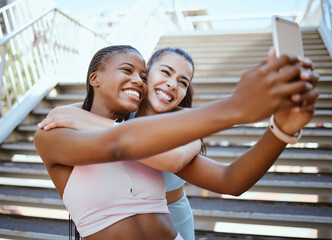 Diversity, phone and fitness friends take selfie as girls running, training and cardio workout...