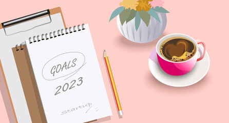 Business concept of top view 2023 goals list with notebook and pink coffee cup over pastel background. vector
