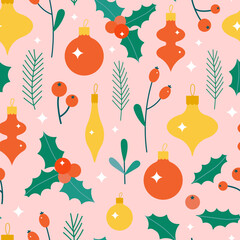 Christmas floral cute seamless pattern. Simple flat xmas objects - flowers and baubles. Festive bright print for Christmas decoration, wrapping paper and backgrounds.