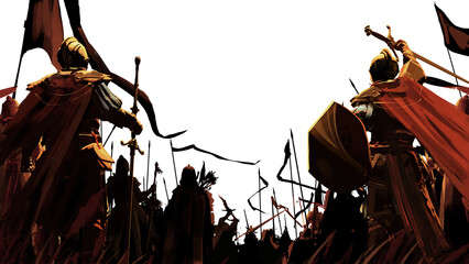 An army of fantasy medieval knights stands jubilant, many raising their weapons, flags, spears and swords as a sign of victory. 2d isolated PNG art - 535769899