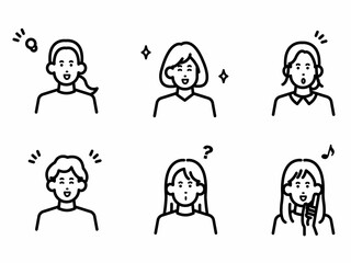 ポジティブな女性のイラストのアイコンセット　線画のみ
