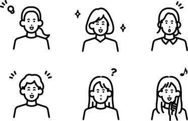 ポジティブな女性のイラストのアイコンセット　線画のみ