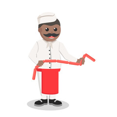 old butcher african holding raw sausage design character on white background