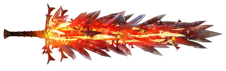 A fiery blade with lava at its core it consists of dozens of fused swords radiating the fire of the underworld, it glows in the dark emitting sparks and heat. isolated PNG art