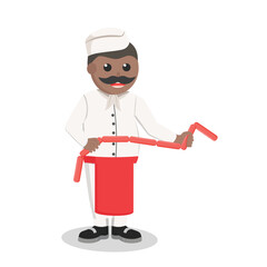 old butcher african holding raw sausage design character on white background