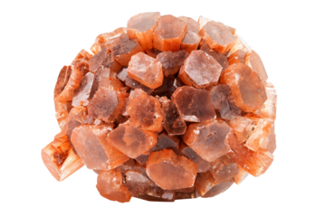 Radiating Group of Prismatic Crystals of Raw Aragonite Mineral Gem Stone Isolated on White Background with Shadow. Aragonite Sputniks or Twinned Crystals Macro Shot with Stacking.