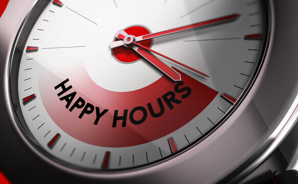 Close up of a watch with the text happy hours.