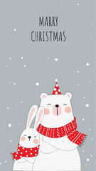 Сhristmas card with bunny and bear