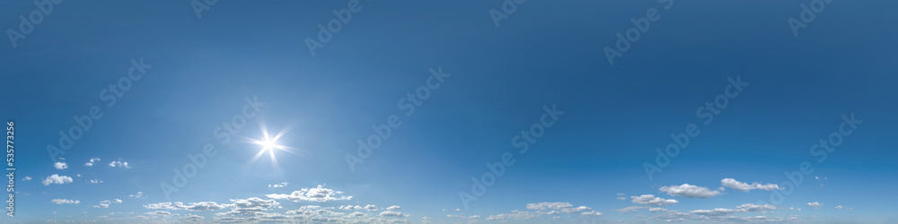 Wall mural seamless clear blue sky hdri 360 panorama view with zenith and beautiful clouds for use in 3d graphi