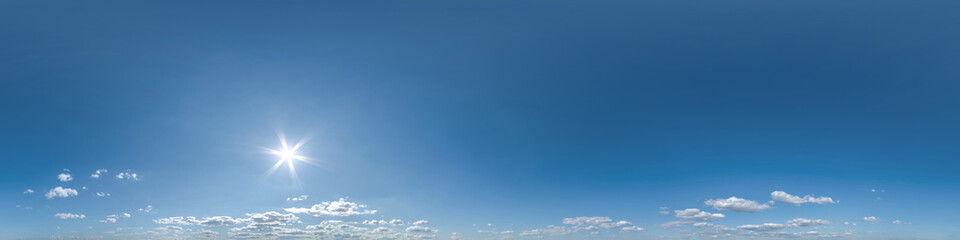 Naklejka na ściany i meble seamless clear blue sky hdri 360 panorama view with zenith and beautiful clouds for use in 3d graphics as sky replacement and sky dome or edit drone shot.