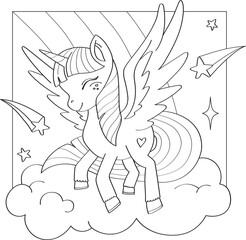 Coloring book for children. simple line drawing of a Cute Unicorn for coloring