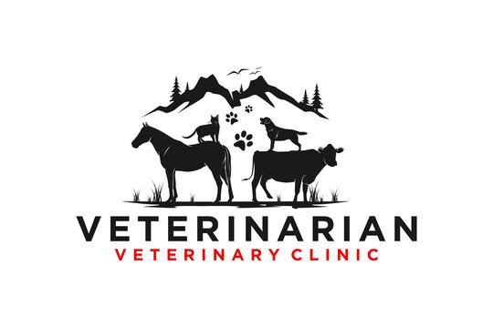 Veterinarian logo design with silhouette animal horse cow dog cat mountain icon symbol rounded shape emblem badge