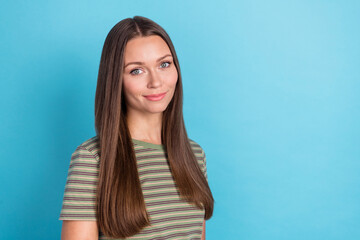 Fototapeta premium Closeup photo of young cute pretty woman wear stylish striped khaki t-shirt positive smile confident manager worker isolated on blue color background
