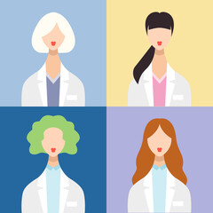 Medical people flat icons. Female doctors set. Stylish color vector avatars in uniform. A set of portraits of scientists in white coats.