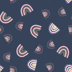 Naklejka premium Seamless pattern with hand drawn rainbows, hearts, clouds, raindrops. Vector background with colorful pastel rainbow childish scandinavian style for fabric print, apparel, children textile design