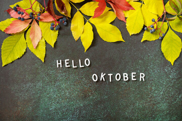 Hello October text. Autumn composition with colorful leaves and autumn nature berries. Cozy autumn mood. Fall seasons greeting card.