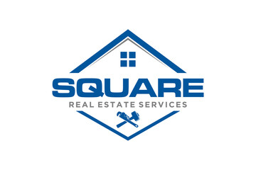Real estate logo house roof window  modern simple design silhouette mongkey wrench and hammer renovation 