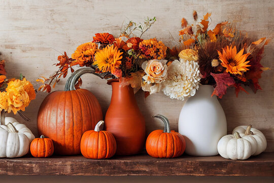  Autumn decor on a wooden shelf against a white wall banner background. flowers of fall colors, pumpkins