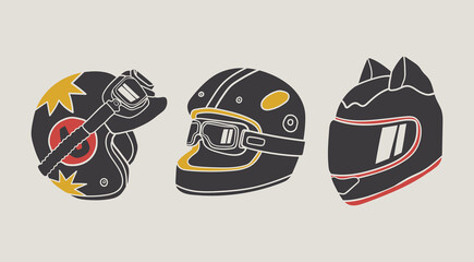 Obraz premium Various motorcycle or scooter Helmets. Crash helmet with googles, visor, ears, windshield. Hand drawn modern Vector illustration. Motorsport safety, head protection concept. Isolated elements
