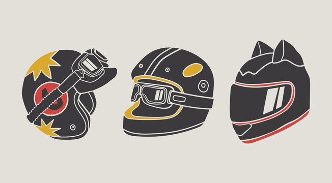 Various motorcycle or scooter Helmets. Crash helmet with googles, visor, ears, windshield. Hand drawn modern Vector illustration. Motorsport safety, head protection concept. Isolated elements