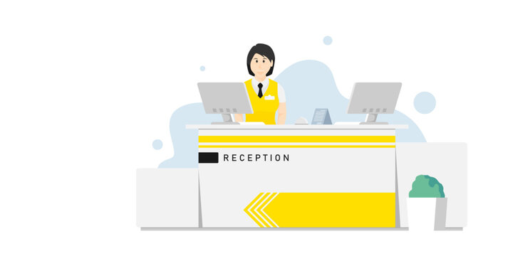 Cartoon female receptionist in front of counter desk, Vector illustration.