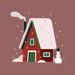 Vector winter house in flat style. Colorful cute red cabin with snowman under snow. Red, green and white.