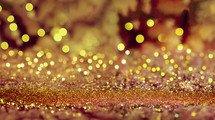 background of abstract glitter lights. gold and black. de focused. banner