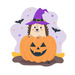 Halloween character cute hedgehog wearing witch hat with a pumpkin spooky jack o lantern. Seasonal holiday concept for banners, vector illustration