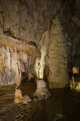 Fairy views from The Frasassi Caves (Italian: Grotte di Frasassi) - the most famous show caves in Italy. The karst cave system is located in the municipality of Genga, Ancona, Marche, Italy.