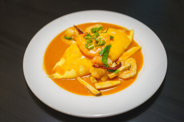 Japanese Cuisine, Shrimp Curry Rice Wrapped with Omelette