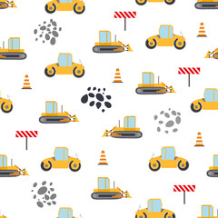 Cute childish seamless pattern with yellow car dump truck, crane, concrete mixer. Construction site illustration in cartoon style