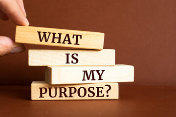 Wooden blocks with words 'What Is My Purpose?'.