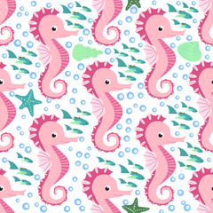 Fototapeta premium Seahorse and starfish seamless pattern. Sea life summer background. Cute sea life. Design for fabric and decor
