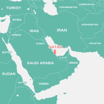A map illustration of the Middle East with a focus on Qatar
