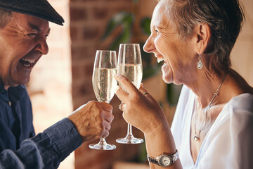 Champagne, toast and elderly couple laugh and relax, bond in celebration of anniversary or retirement in their home together. Love, happy and success with senior man and woman cheers to relationship - Powered by Adobe