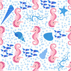 Seahorse and starfish seamless pattern. Sea life summer background. Cute sea life. Design for fabric and decor