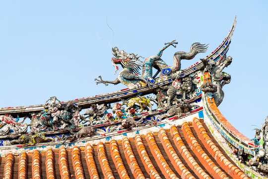Close-up of decorative art on the rooftop of Wanhua Longshan Temple in Taipei, Taiwan.