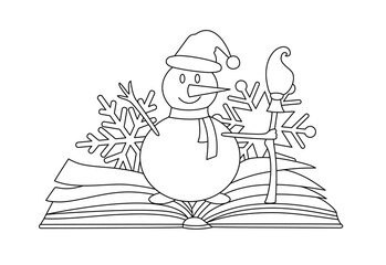 Christmas elements with a book in a line art style. Winter graphic icon. Vacation doodle. Creative Xmas festival outline linear design. Isolated on white. 